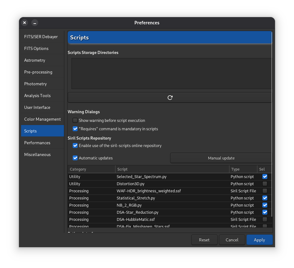 Preferences dialog box. Script paths can be added here.