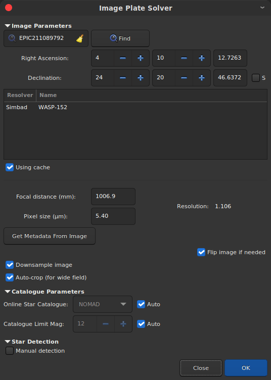 With trial and error, we can find parameters for which the plate solving suceeds. It could be useful to untick the Flip Image if Needed option when images are mirrored in order to preserve orientation.