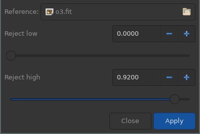 The linear match tool window, with the O-III image selected as reference