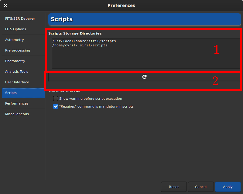 Siril’s preferences in the script tab